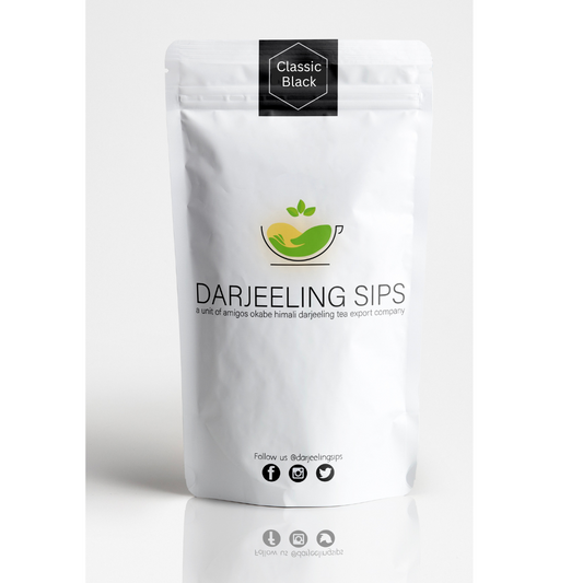Loose leaf Darjeeling Classic Black Tea in pouch.